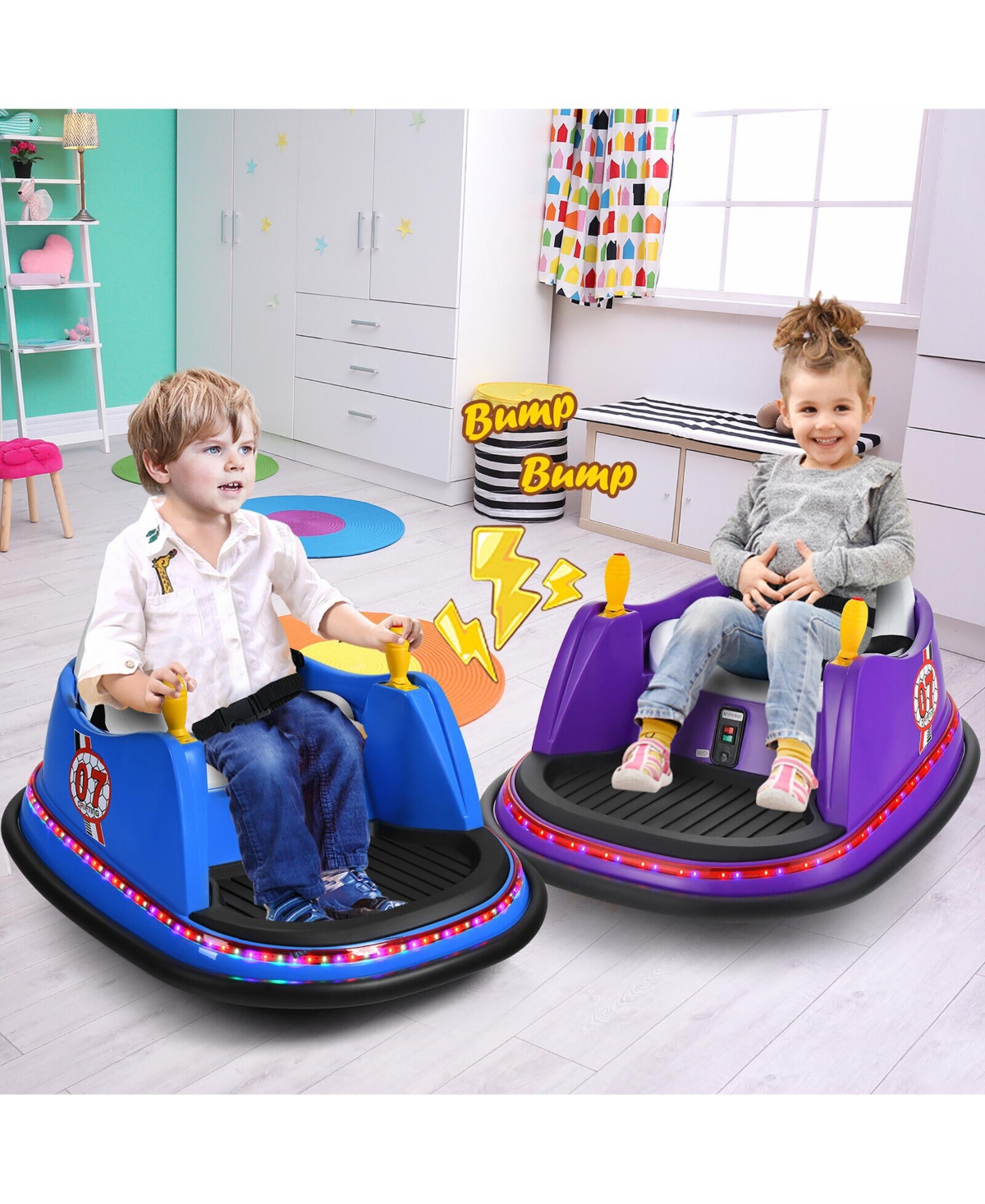 Gymax 12V Vehicle 360 Degree Spin Race Toy Kids Ride On Bumper Car w/ Remote Control Pink - Purple+black+white+yellow