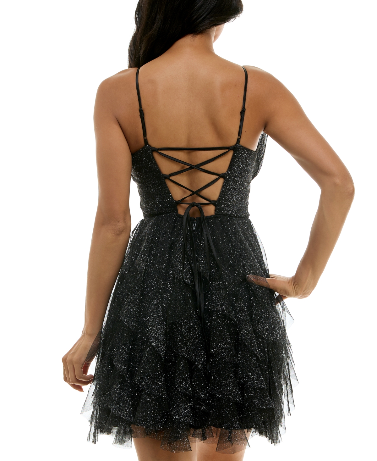 pear culture Juniors' Glitter Tulle Sleeveless Fit & Flare Dress -silver