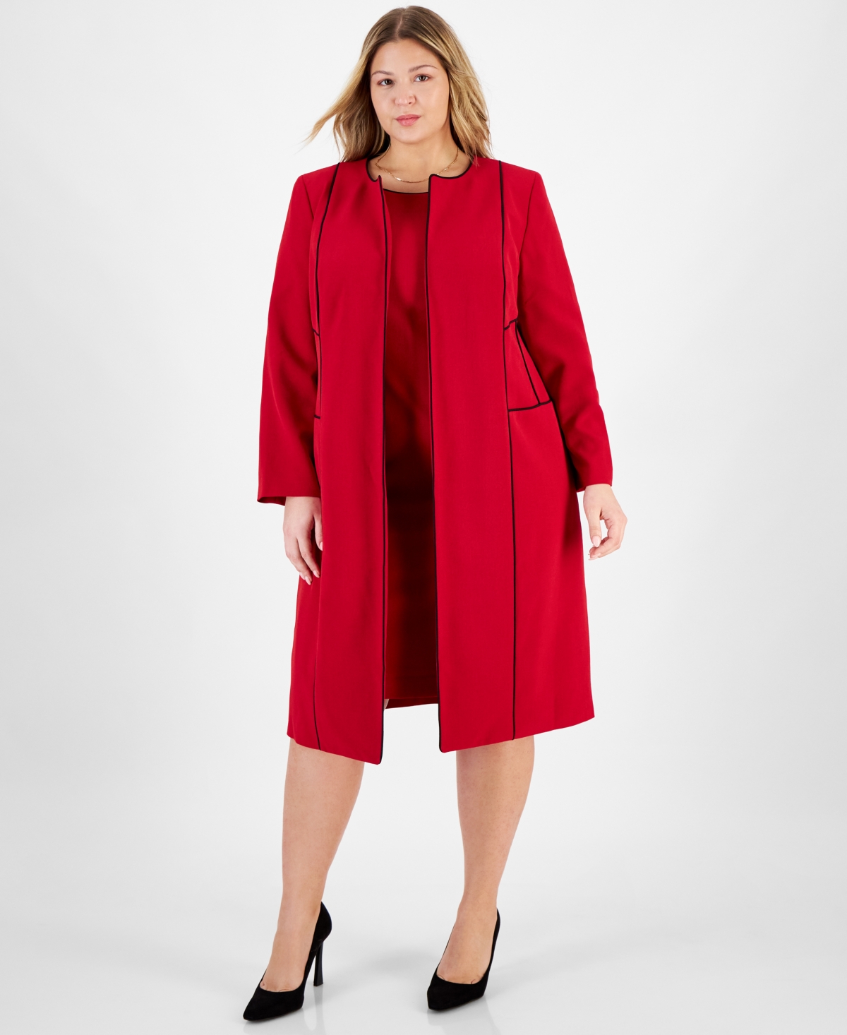 Kasper Plus Size Contrast-tipped Collarless Long Jacket In Fire Red,black