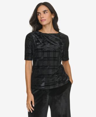 Calvin Klein - Women's Printed Velvet Elbow-Sleeve Top