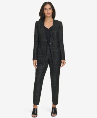 Womens Collarless Metallic Jacquard Blazer Ankle Pants