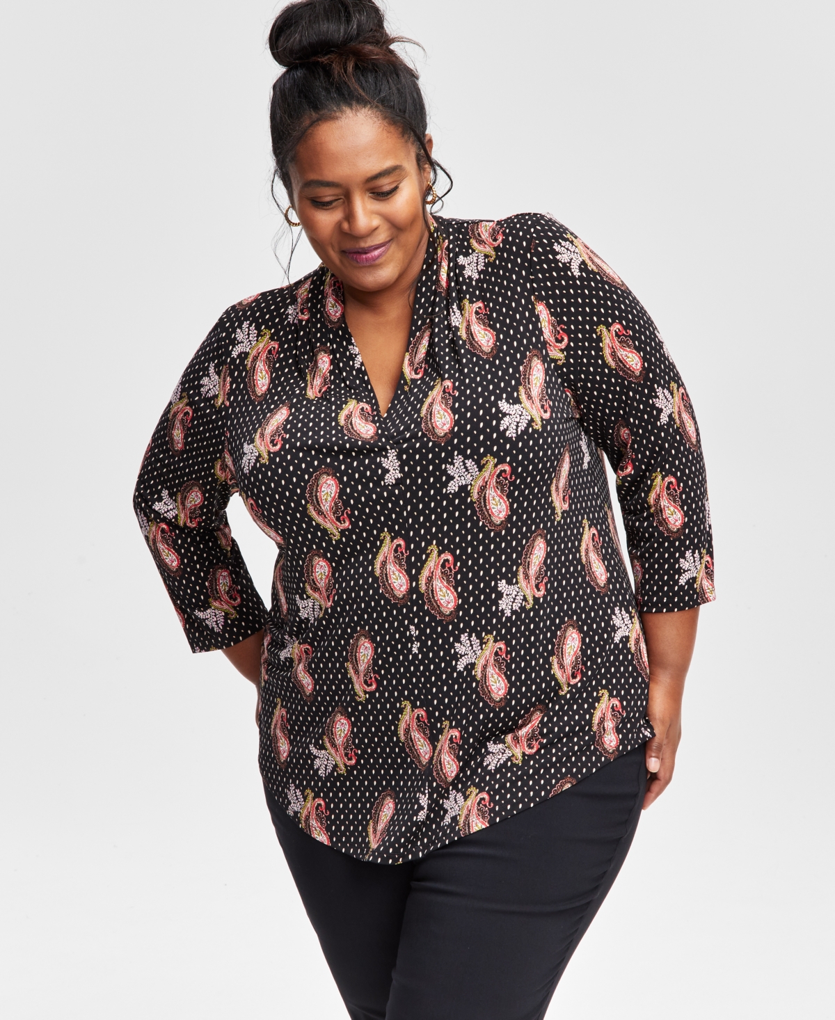 Jm Collection Plus Size Printed V-neck 3/4-sleeve Top, Exclusively At Macy's In Deep Black