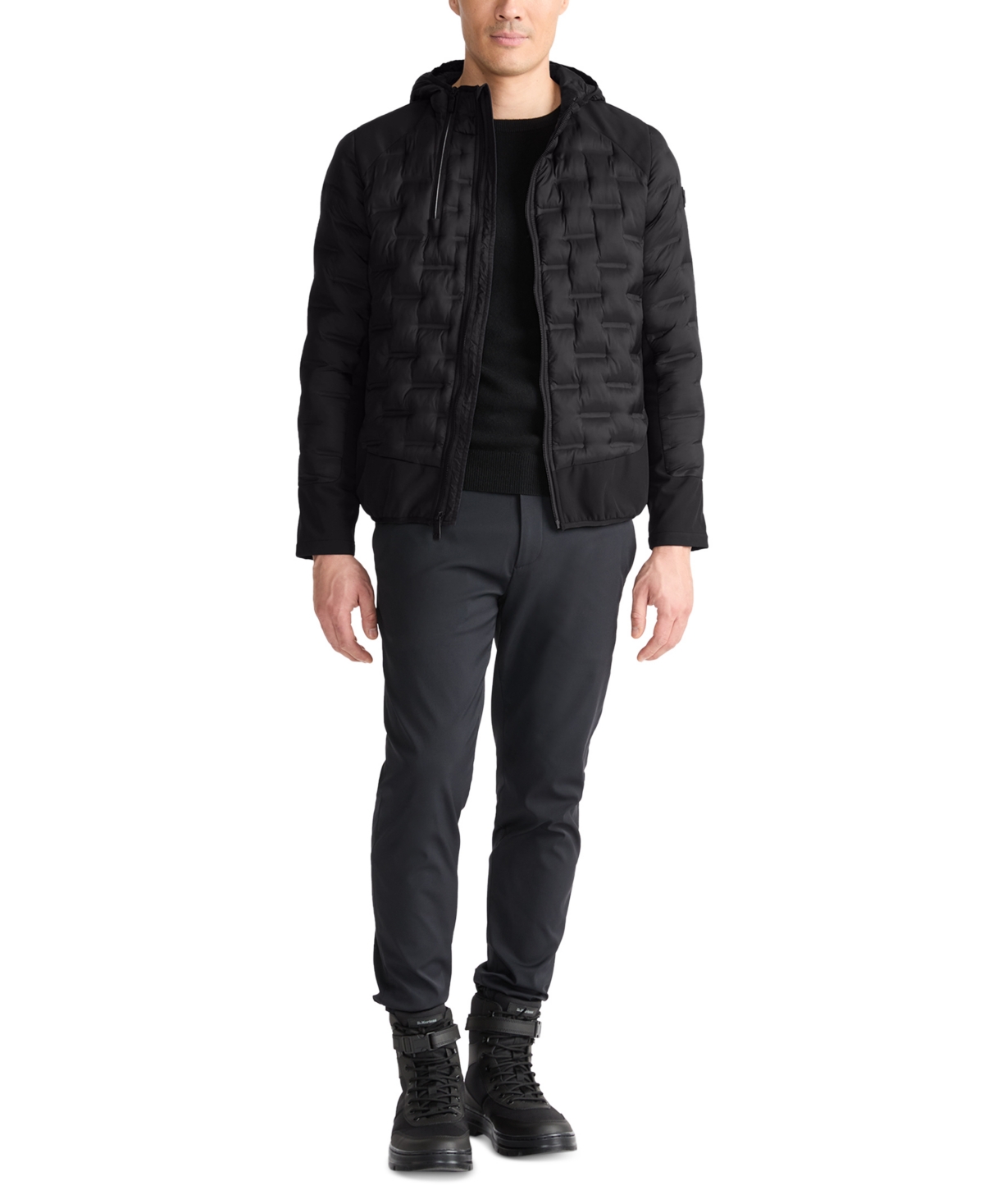 Tumi Men's Quilted Mixed-media Full-zip Hooded Jacket In Black