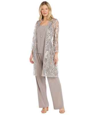 R & M Richards - Women's Embellished Sheer Long Jacket, Sleeveless Top and Pants Set