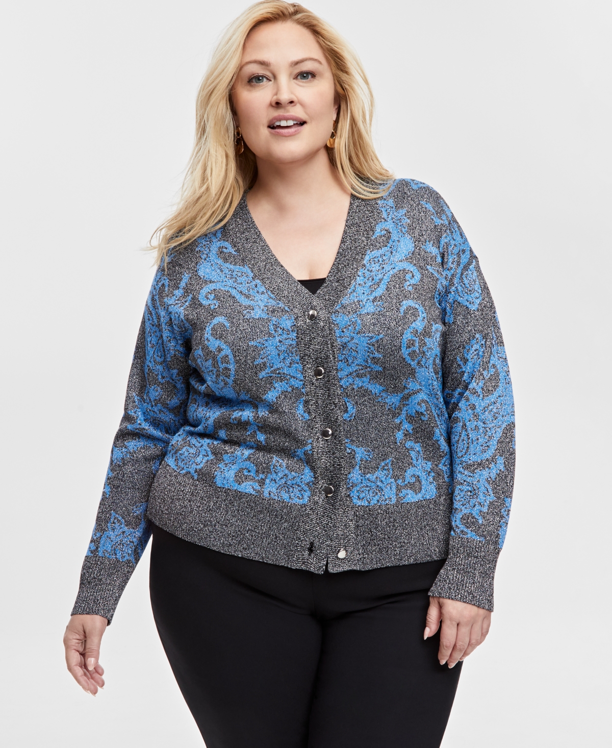 JM COLLECTION PLUS SIZE PRINT METALLIC-THREADED CARDIGAN, EXCLUSIVELY AT MACY'S 