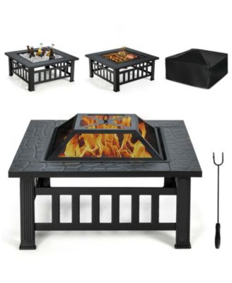 32 Inch 3 in 1 Outdoor Square Fire Pit Table with BBQ Grill and Rain Cover for Camping