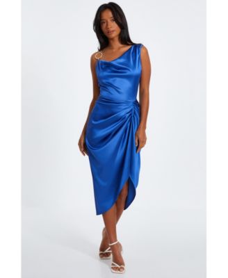 blue satin ruched dress Ruched Long Sweetheart Prom Dress