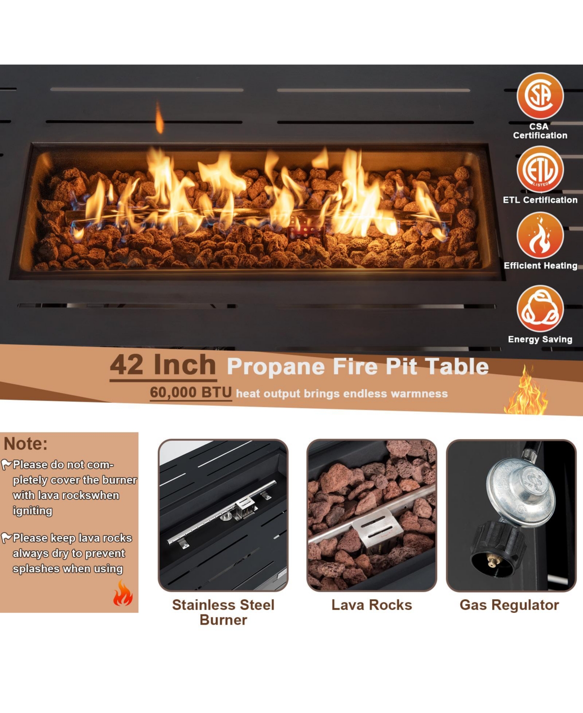 Skonyon 60 000 Btu Rectangular Propane Fire Pit Table with Waterproof Cover
