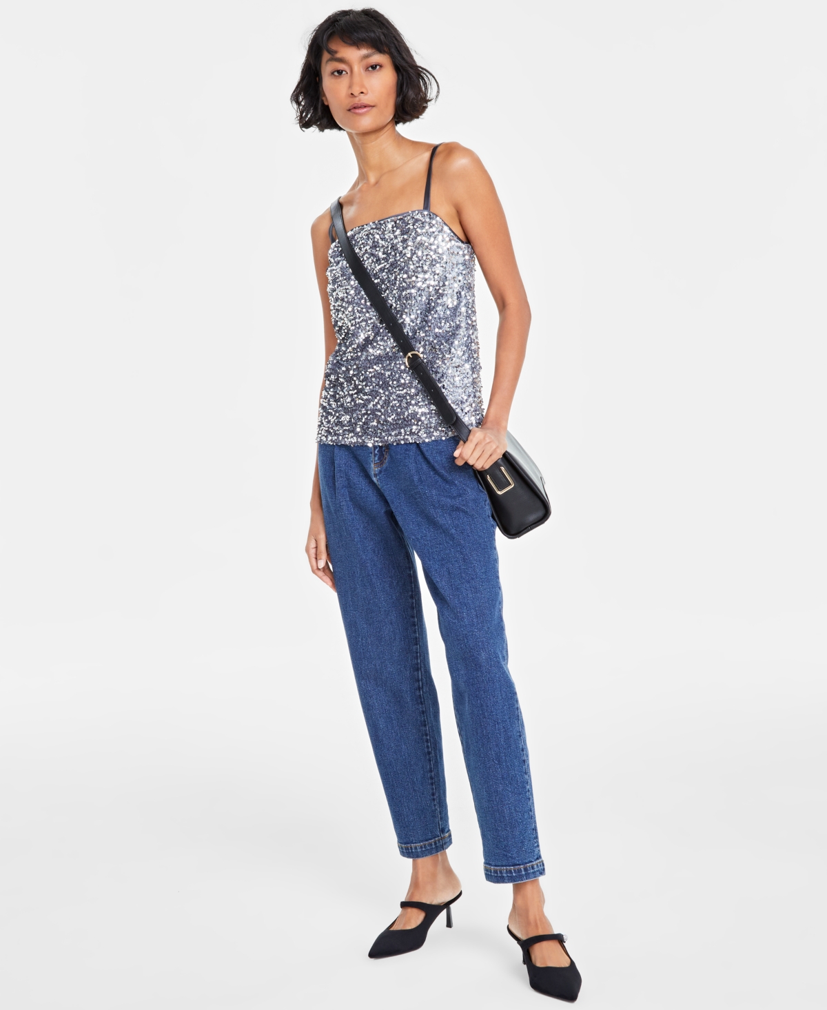 On 34th Women's Sequined Skinny-strap Square-neck Tank Top, Created For Macy's In Shark Fin