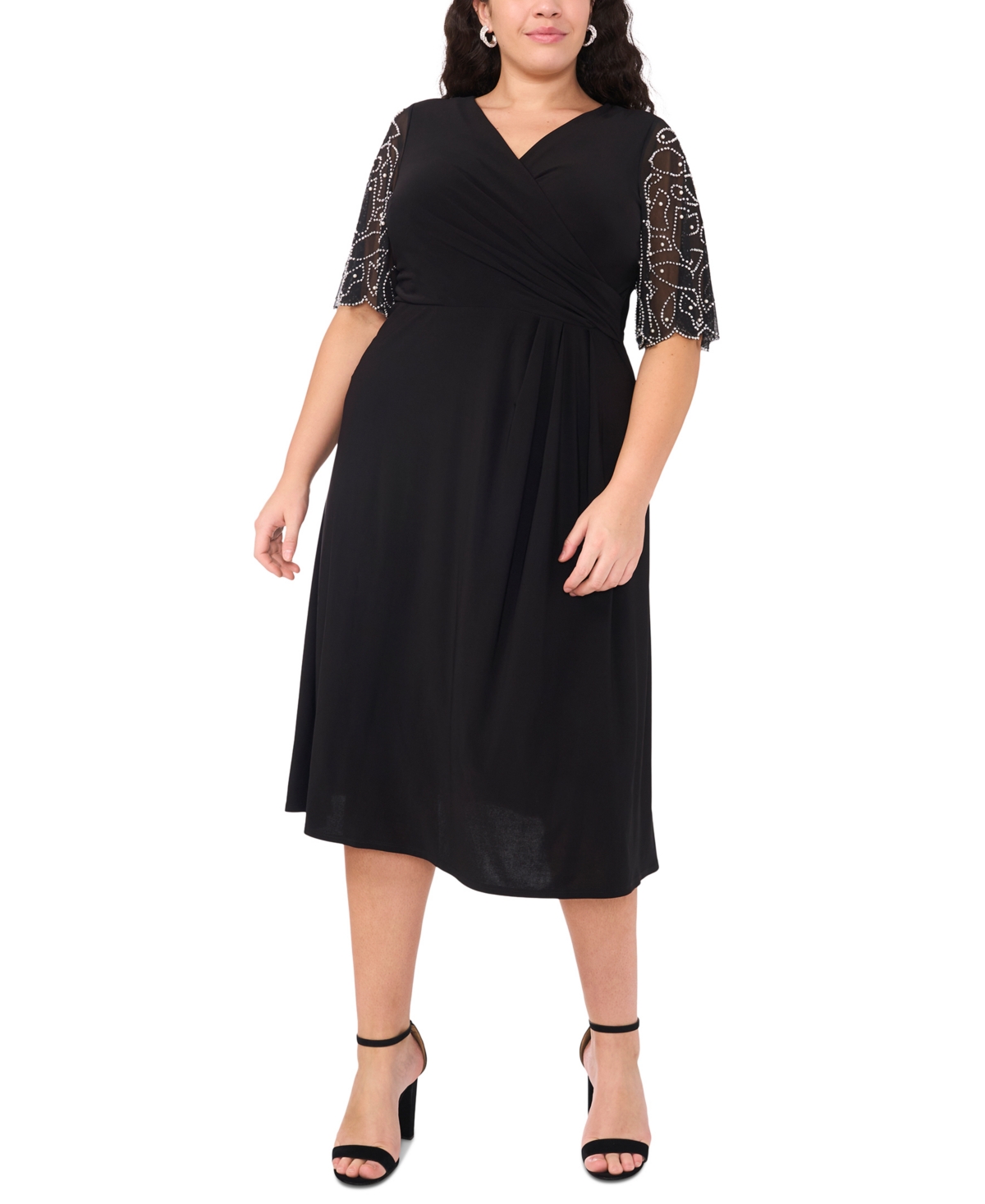 Plus Size Sheer-Sleeve Fit & Flare Dress - Black