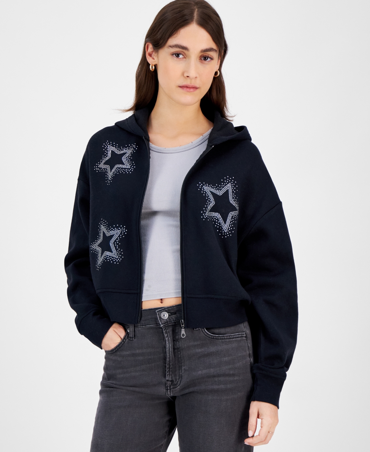 Juniors' Rhinestone Star Graphic Hoodie - Black