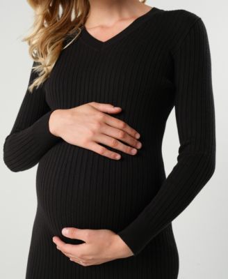 Maternity Maxi Nursing V-Neck Sweater Dress in Cotton Knit