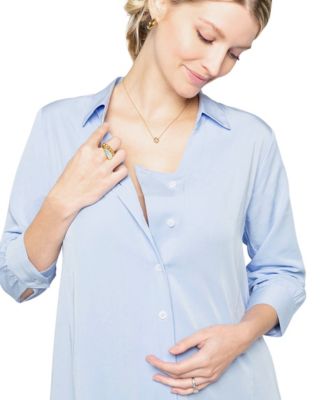 Maternity No-Gap 3/4 Sleeve Nursing Button Down Shirt in with Bra Concealing Design in TENCEL