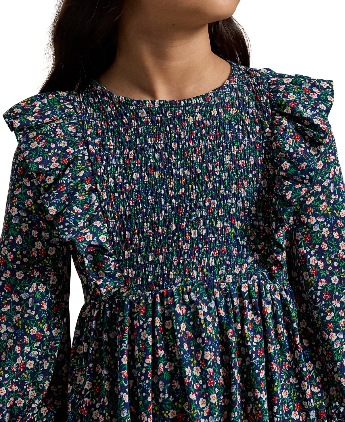 Polo Ralph Lauren Big Girls Floral Smocked Cotton Jersey Dress - NAVY PP C7998