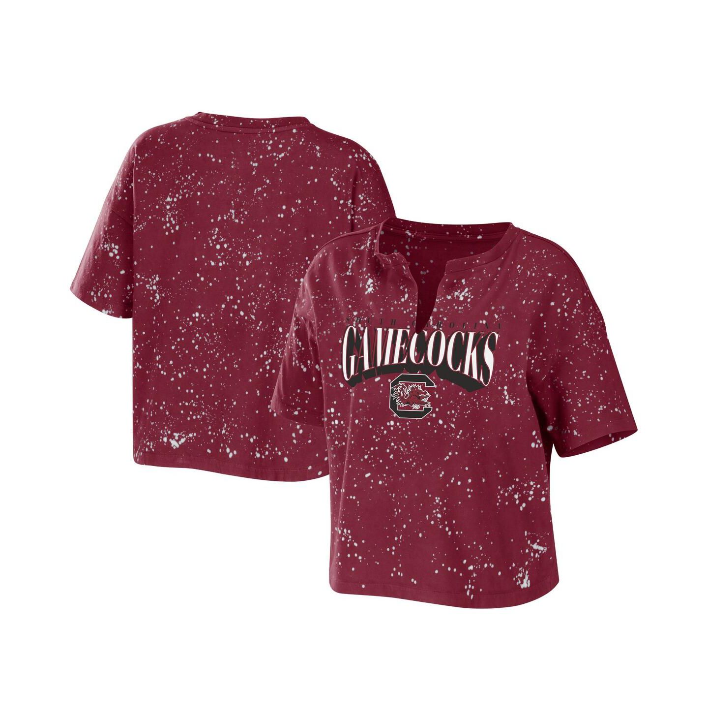 Женская футболка WEAR by Erin Andrews Garnet South Carolina Gamecocks Bleach Wash Splatter Cropped Notch Neck — фото 1