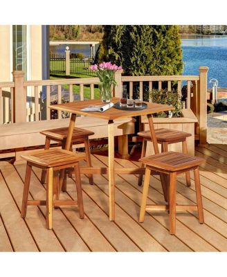 5 Pieces Wood Patio Dining Set with Square Table and 4 Stools