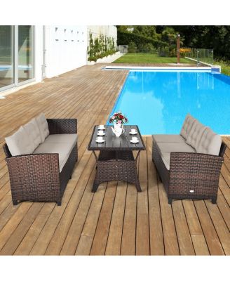 3 Pieces Hand-Woven Rattan Outdoor Sofa Set with Dining Table