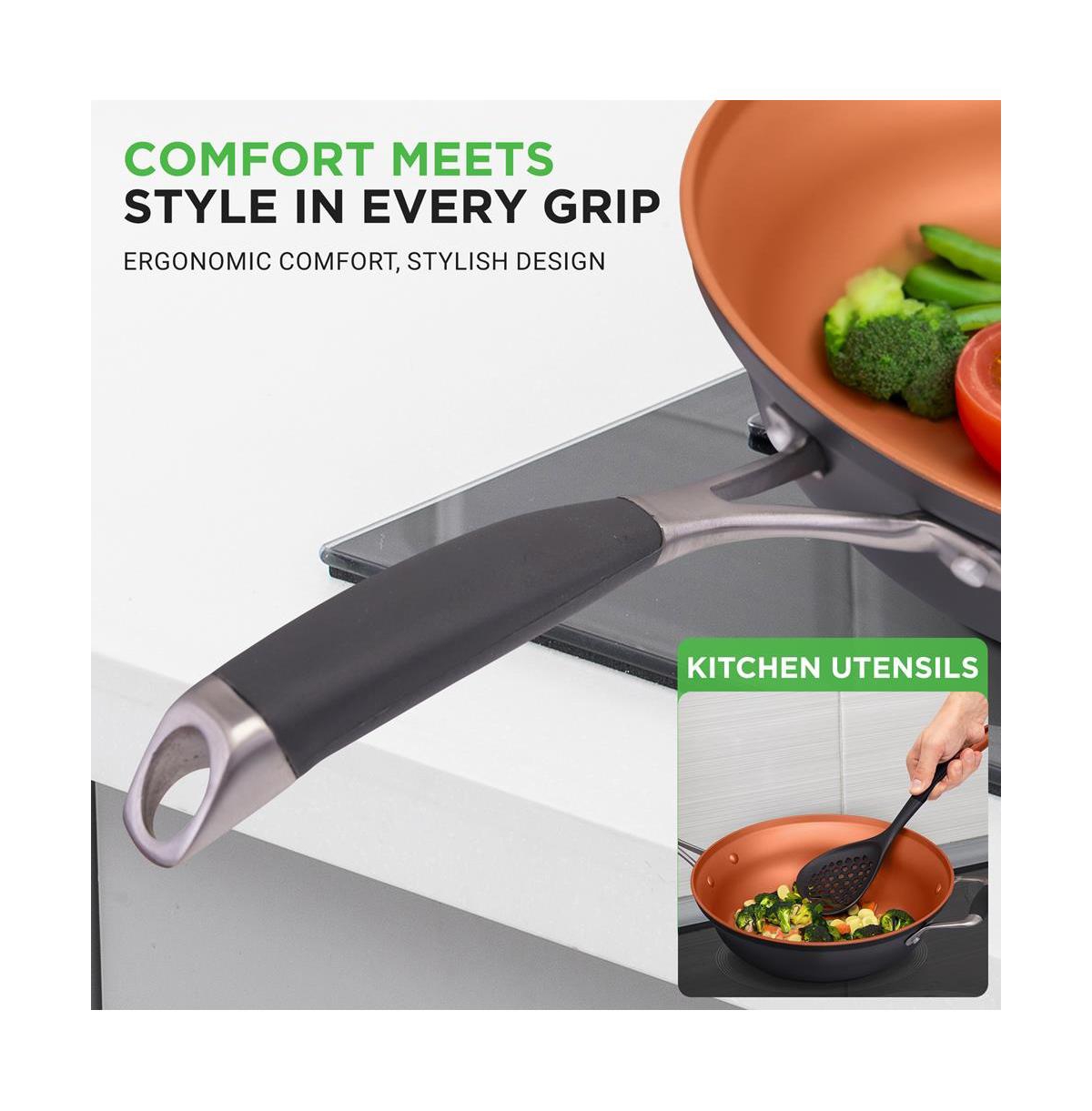 NutriChef Kitchenware Pots & Pans Set - Luxury Kitchen Cookware, 3 Layers Copper Non-Stick Coating Inside, Hard-Anodized Looking Heat Resistant Lacque