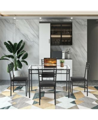 5 Pieces Dining Set with Tempered Glass Top Table and 4 Upholstered Chairs