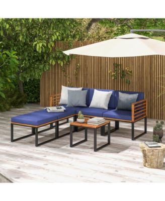 6 Piece Patio Acacia Wood Conversation Sofa Set with Ottomans and Coffee Table