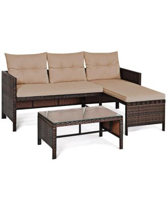 3 Pieces Outdoor Patio Corner Rattan Sofa Set