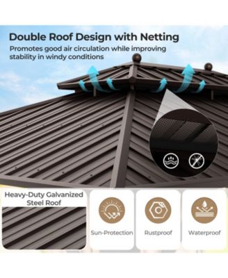 10x13ft Double-Roof Patio Hardtop Gazebo with Galvanized Steel Roof Netting and Curtains-Coffee