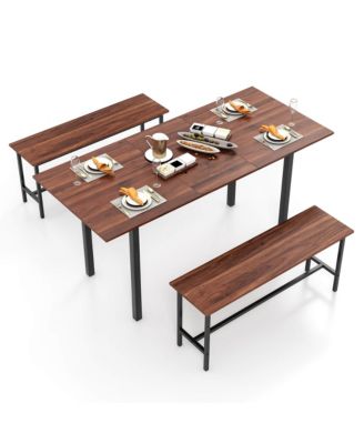 3 Piece Dining Table Set for 4-6 63"Kitchen Table with 2 Benches Metal Frame