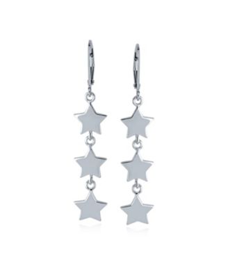 American USA Patriotic Celestial Rock Three Star Linear Drop Dangle Earrings .925 Sterling Silver French Wire