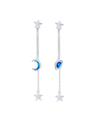 Elegant Celestial Crescent Moon Stars Long Chain Dangle Earrings Blue Synthetic Opal Inlay 925 Sterling Silver