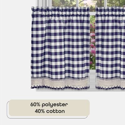 2 Piece Country Farmhouse Buffalo Plaid Rod Pocket Cafe Tier Curtain Panels With Macrame Border