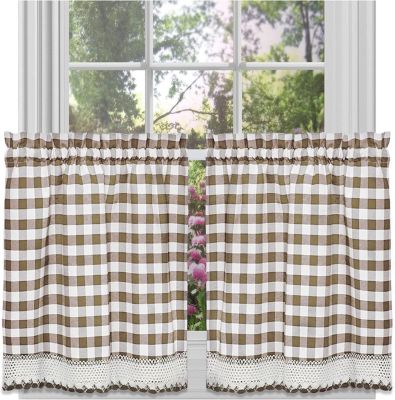 2 Piece Country Farmhouse Buffalo Plaid Rod Pocket Cafe Tier Curtain Panels With Macrame Border
