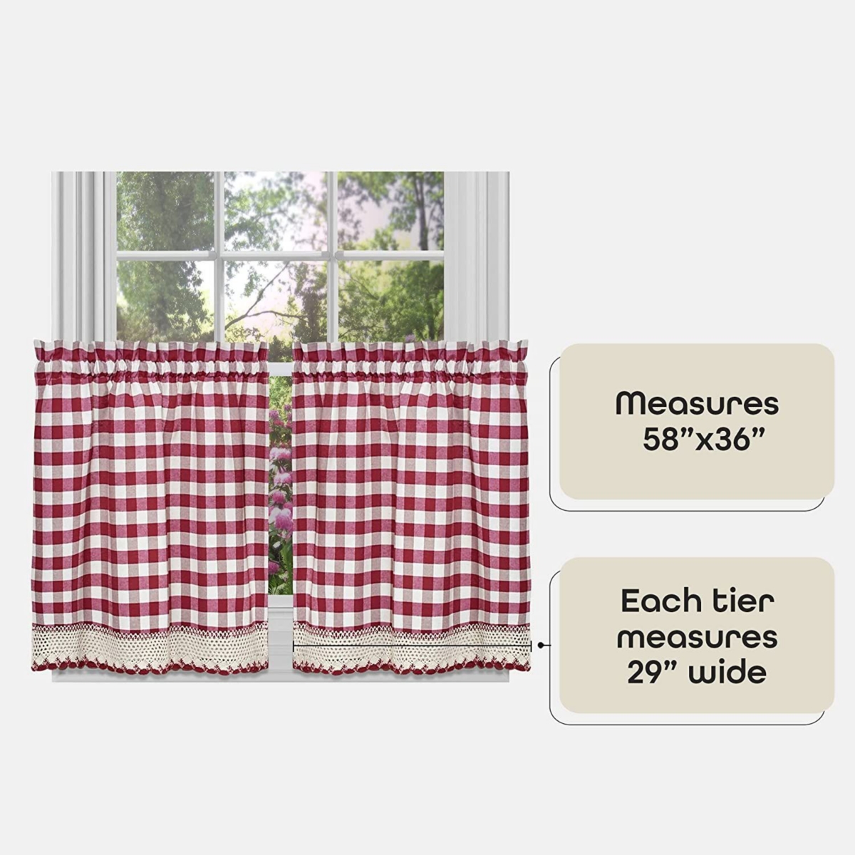 Kate Aurora 2 Piece Country Farmhouse Buffalo Plaid Rod Pocket Cafe Tier Curtain Panels With Macrame Border - in. Long - Yellow