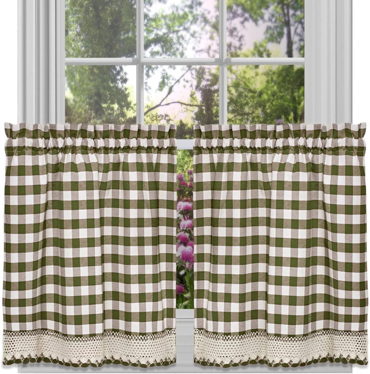 2 Piece Country Farmhouse Buffalo Plaid Rod Pocket Cafe Tier Curtain Panels With Macrame Border - 24 in. Long - Sage Green - Sage green