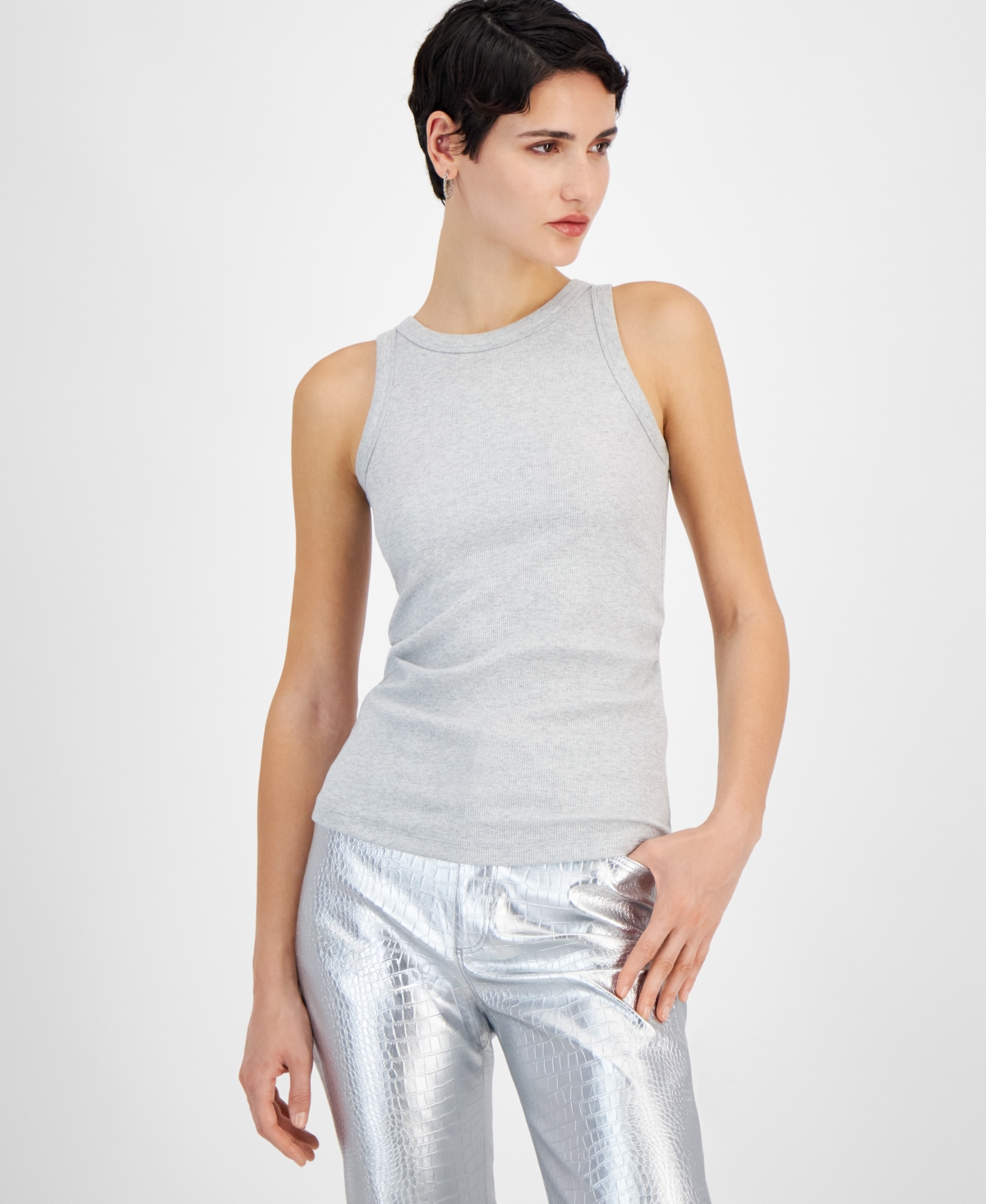 Women's Metallic Ribbed Round-Neck Tank Top - Silver