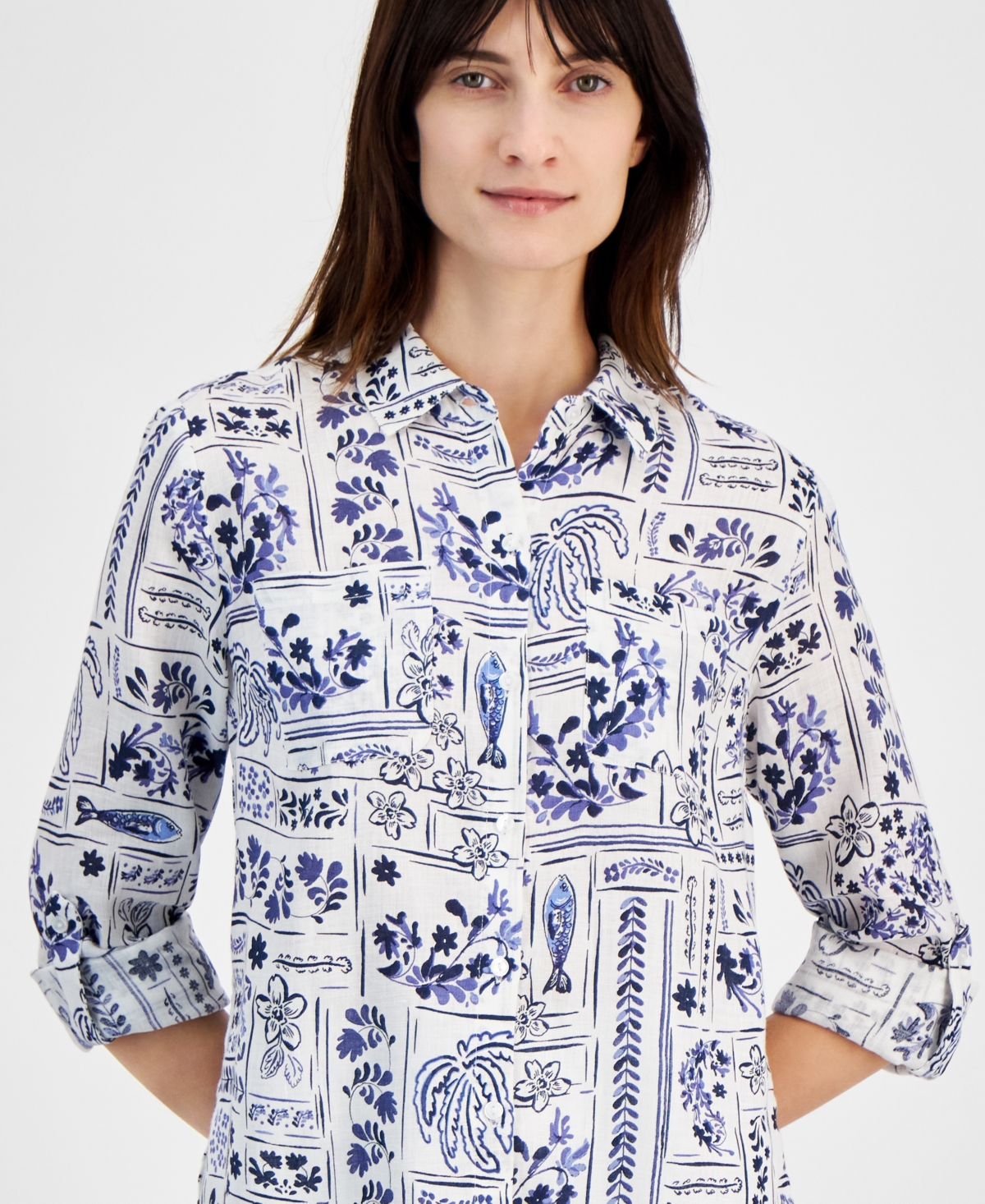 Charter Club Petite Linen 3/4-Sleeve Roll-Tab Button-Front Shirt, Created for Macy's