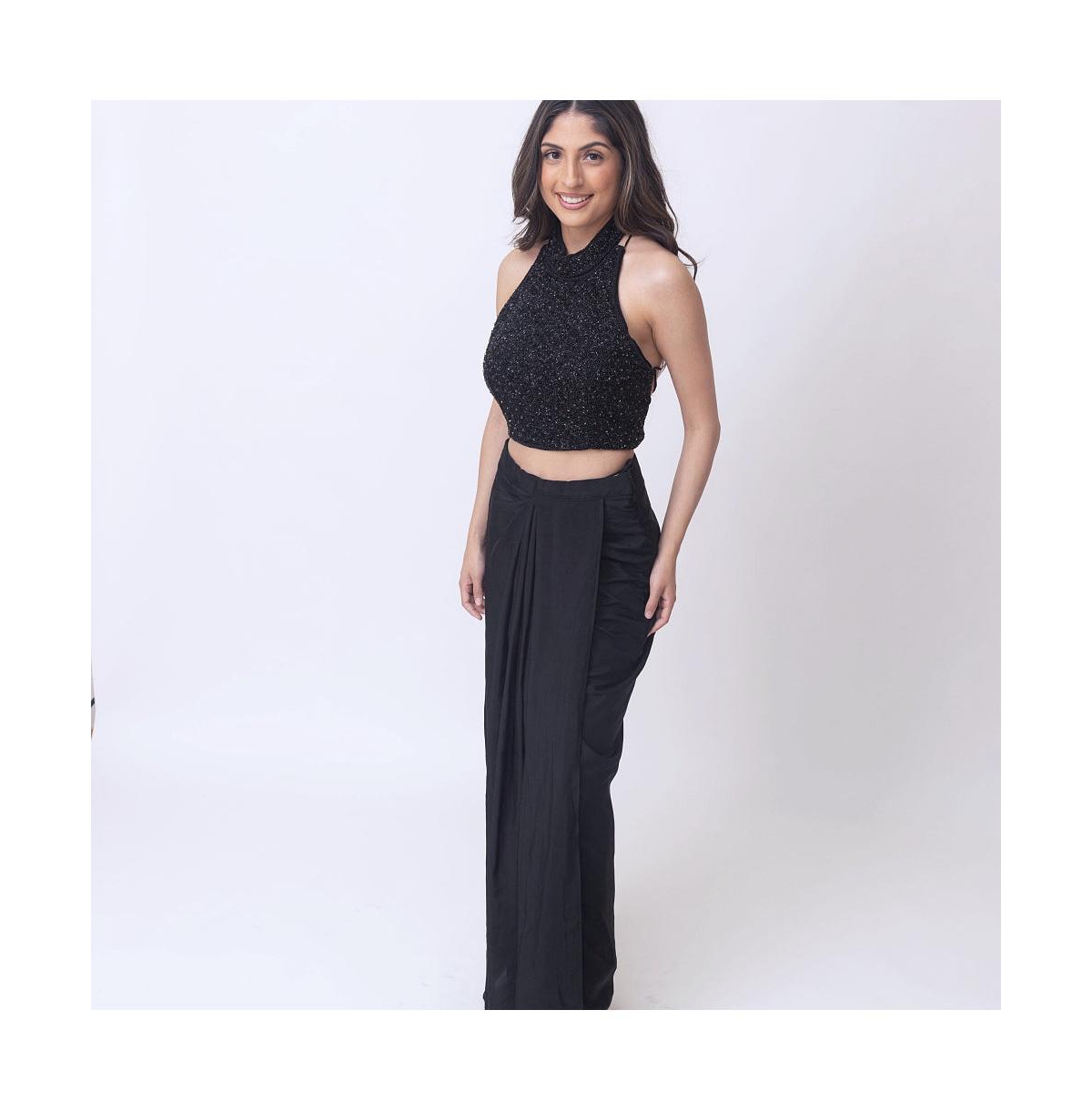Women's Black Hand Emroidered Cutdana Crop Top and Drape Skirt Set - Black