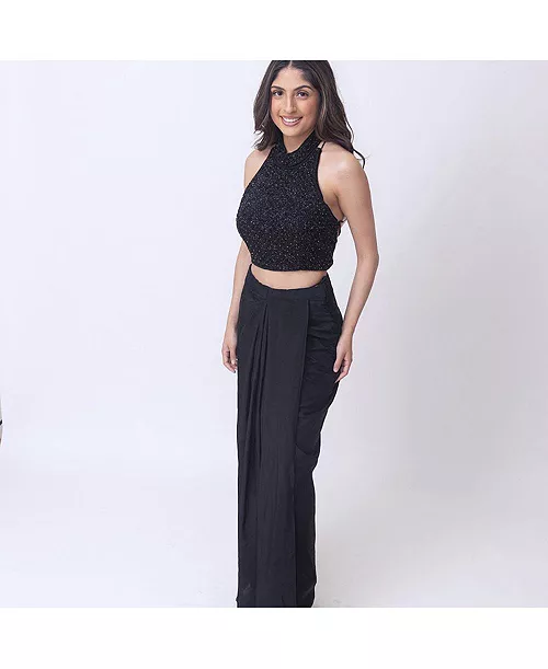 women's black hand emroidered cutdana crop top and drape skirt set