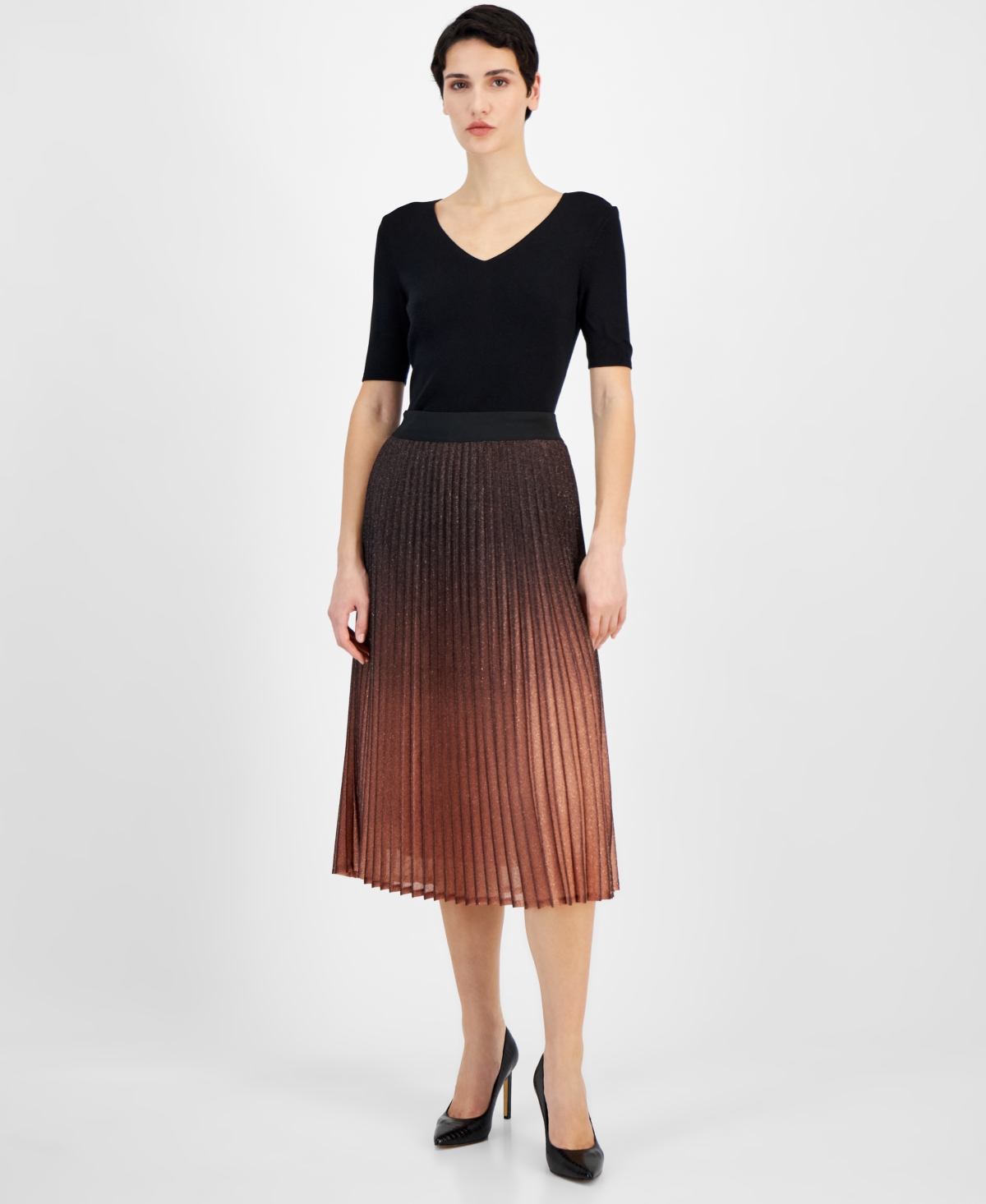 T Tahari Women's Metallic Gradient Pleated Midi Skirt - Black And Nude Ombre