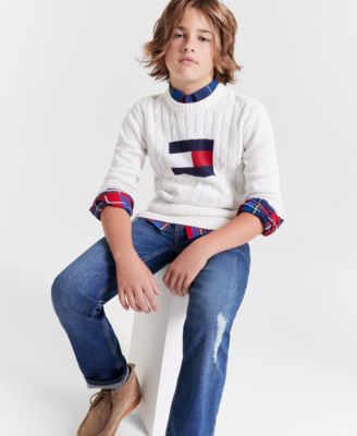 Tommy Hilfiger Big Boys Flag Crewneck Sweater Plaid Shirt Stretch Jeans In Niagara Blue