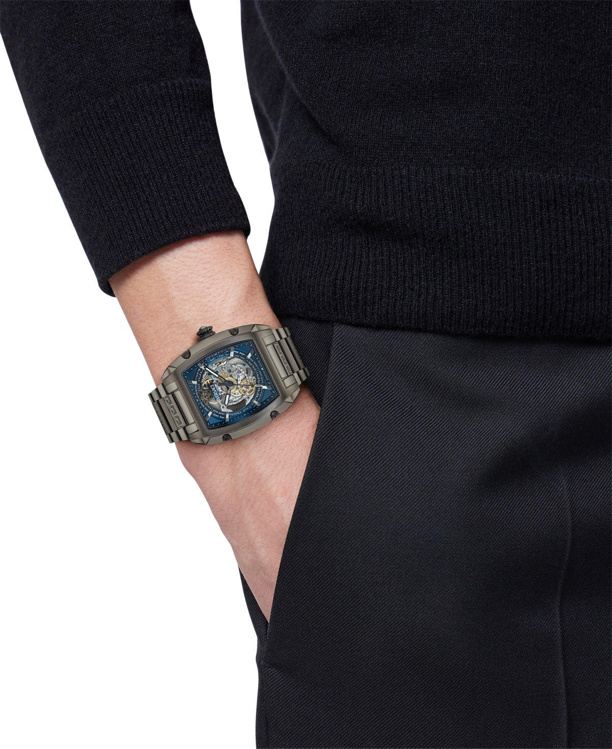 Versace Men's Swiss Automatic Gunmetal Ion Plated Stainless Steel Bracelet Watch 42x50mm In Gun