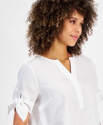 Women's 100% Linen Split-Neck Tie-Cuff Top, Created for Macy's