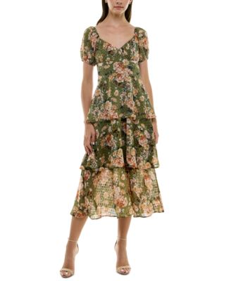 Trixxi - Juniors' Floral-Print Clip-Dot Tiered Midi Dress