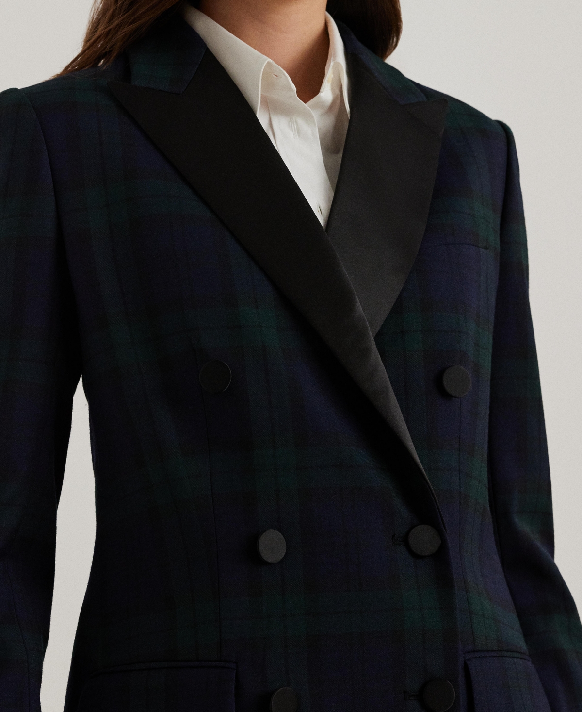 Lauren Ralph Lauren Women's Plaid Double-Breasted Satin-Trim Blazer, Regular & Petite -Navy/Black