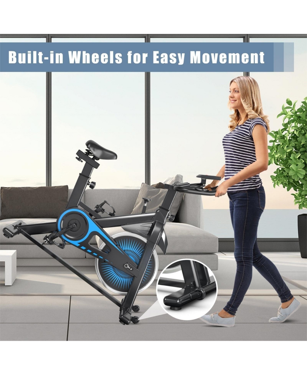 Sugift Indoor Silent Belt Drive Adjustable Resistance Cycling Stationary Bike-Blue