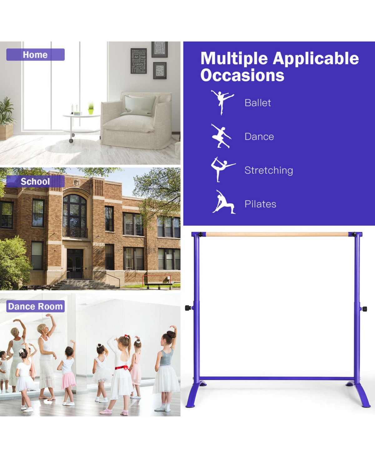 Sugift 51 Inch Ballet Barre Bar with 4-Position Adjustable Height-Purple