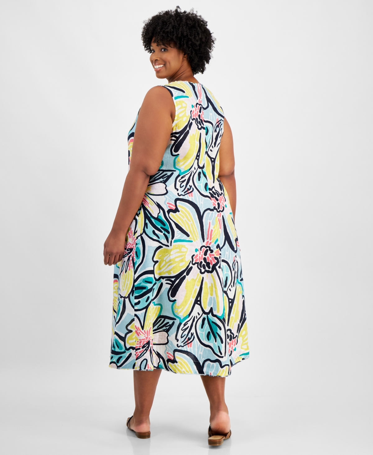 Charter Club Plus Size Linen Floral-Print Tank Dress, Created for Macy's