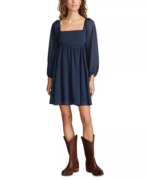 women's smocked-bodice sheer-sleeve mini dress