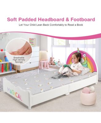 Kids Upholstered Platform Bed Children Twin Size Wooden Bed Unicorn Pattern