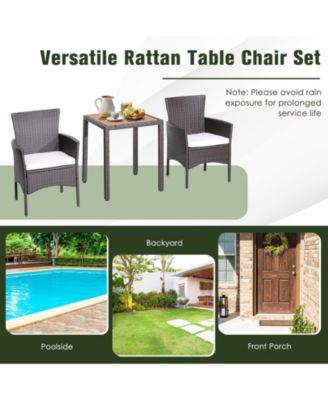 3 Pieces Patio Wicker Furniture Set wih Acacia Wood Table Top and Chair Cushiones