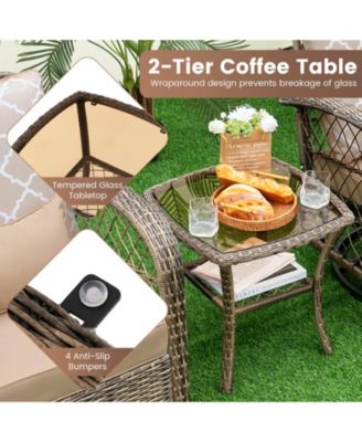 3 Pieces Outdoor Wicker Conversation Set with Tempered Glass Coffee Table